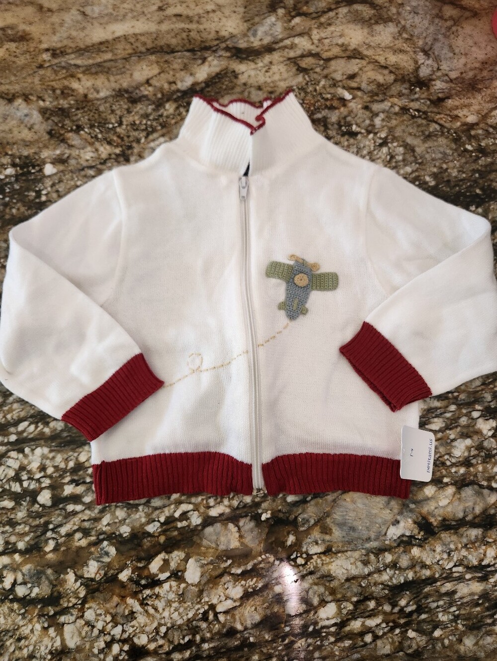Petit Ami White Zip Jacket with Red Trim and Airplane Patch